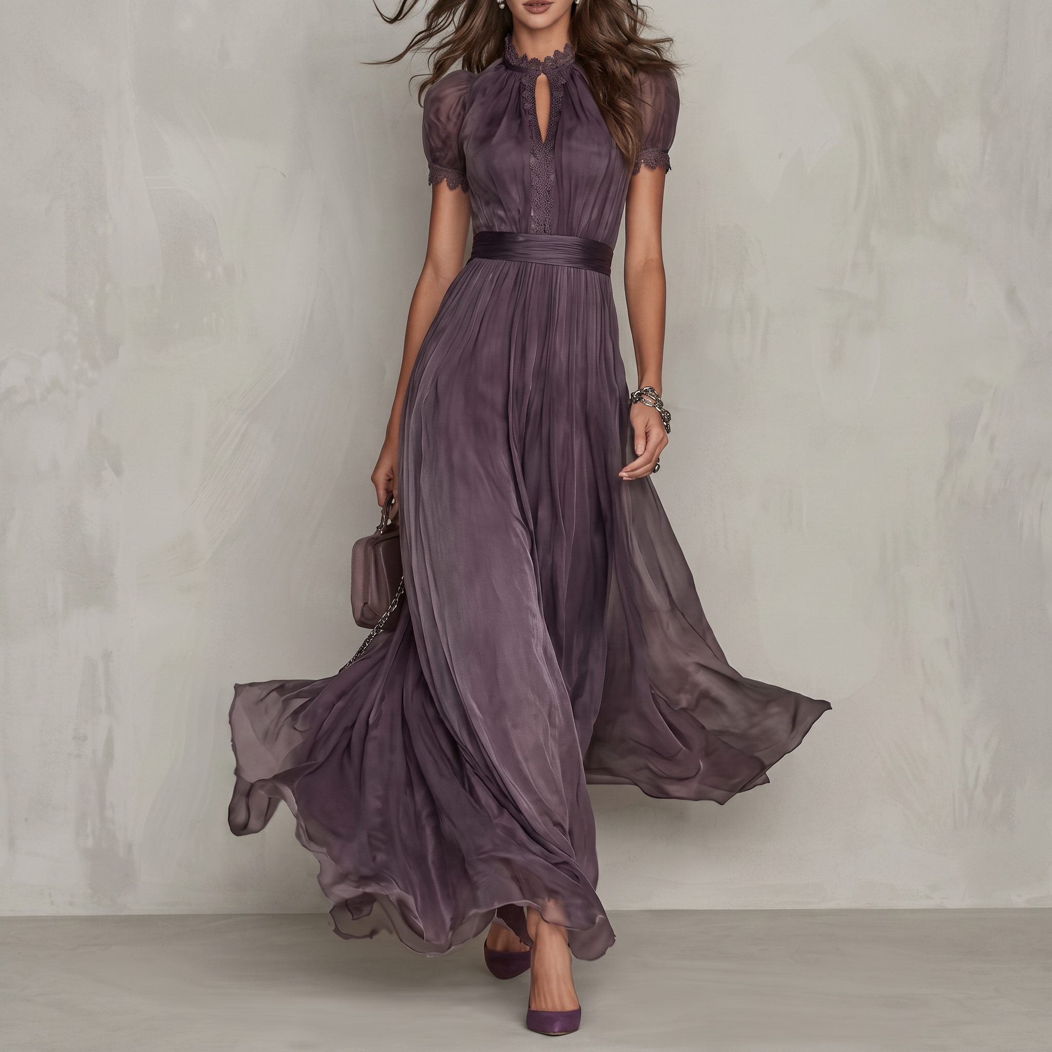 Vivienne | Lace Trim Chiffon Maxi Dress