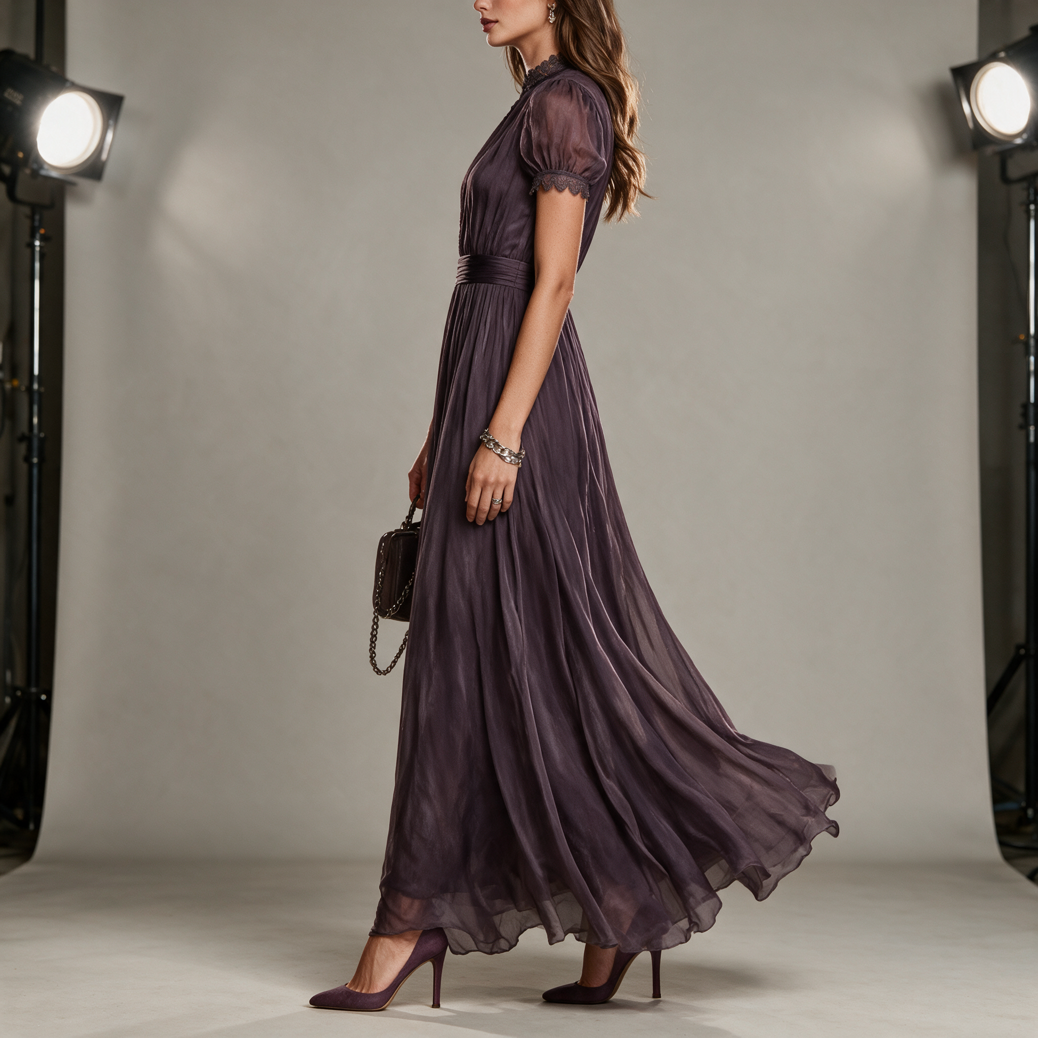 Vivienne | Lace Trim Chiffon Maxi Dress