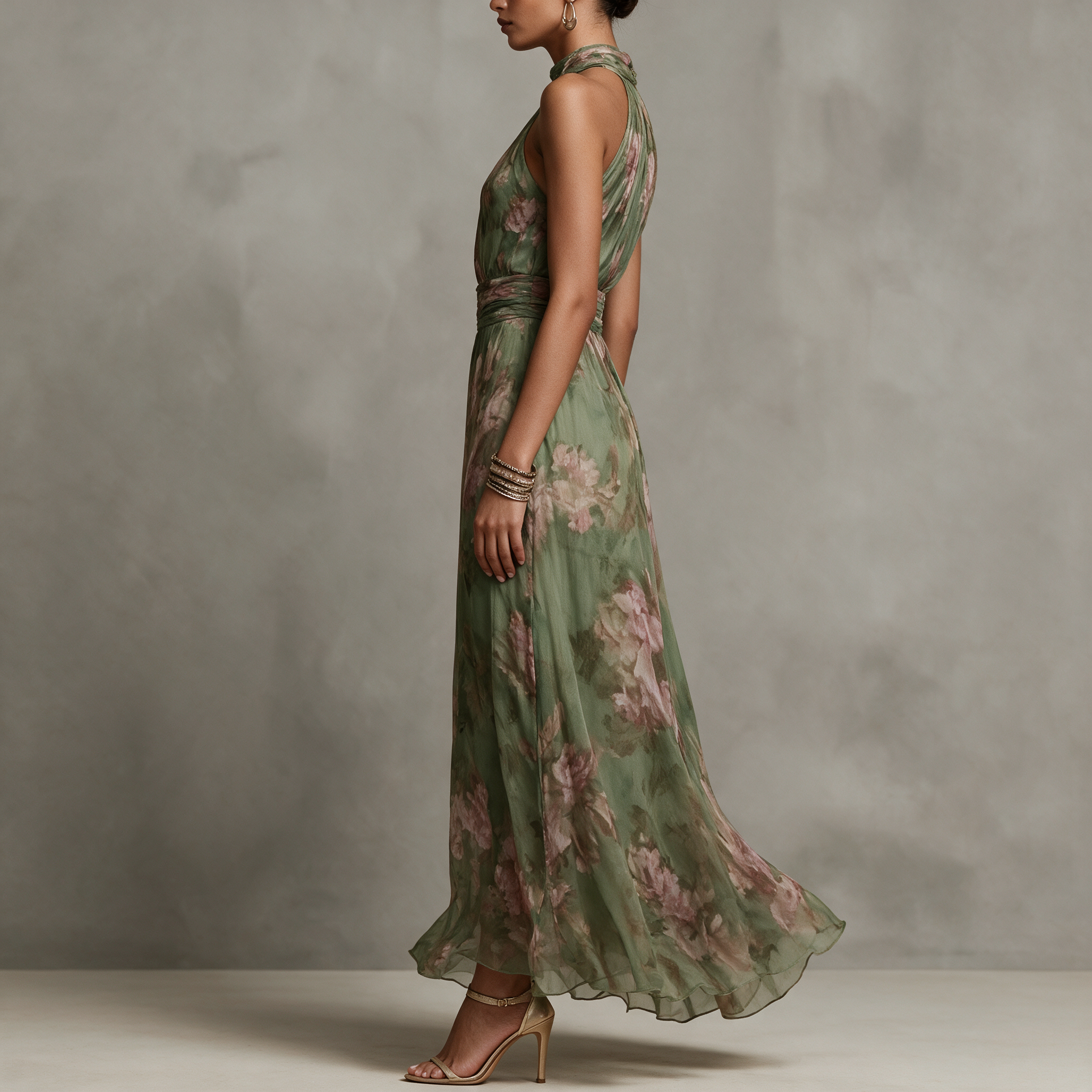 Florence | Retro Floral Halter Chiffon Maxi Dress