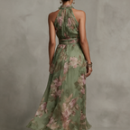 Florence | Retro Floral Halter Chiffon Maxi Dress