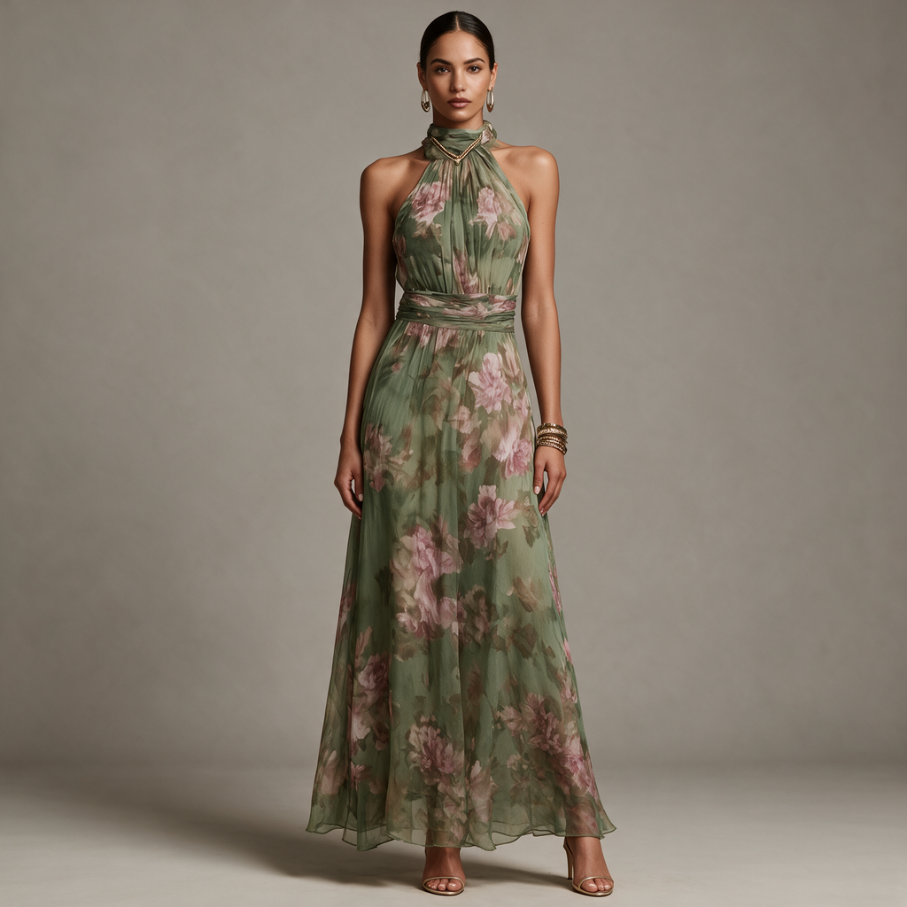 Florence | Retro Floral Halter Chiffon Maxi Dress