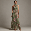 Florence | Retro Floral Halter Chiffon Maxi Dress