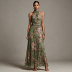 Florence | Retro Floral Halter Chiffon Maxi Dress