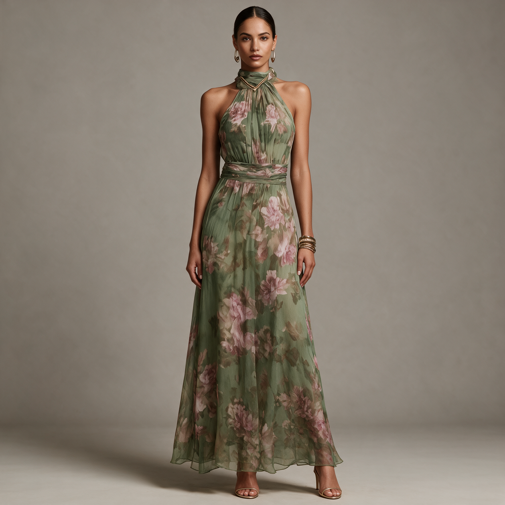 Florence | Retro Floral Halter Chiffon Maxi Dress