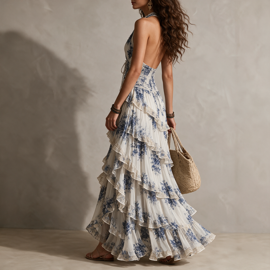 Arabella | Blue Floral Ruffle Halter Maxi Dress