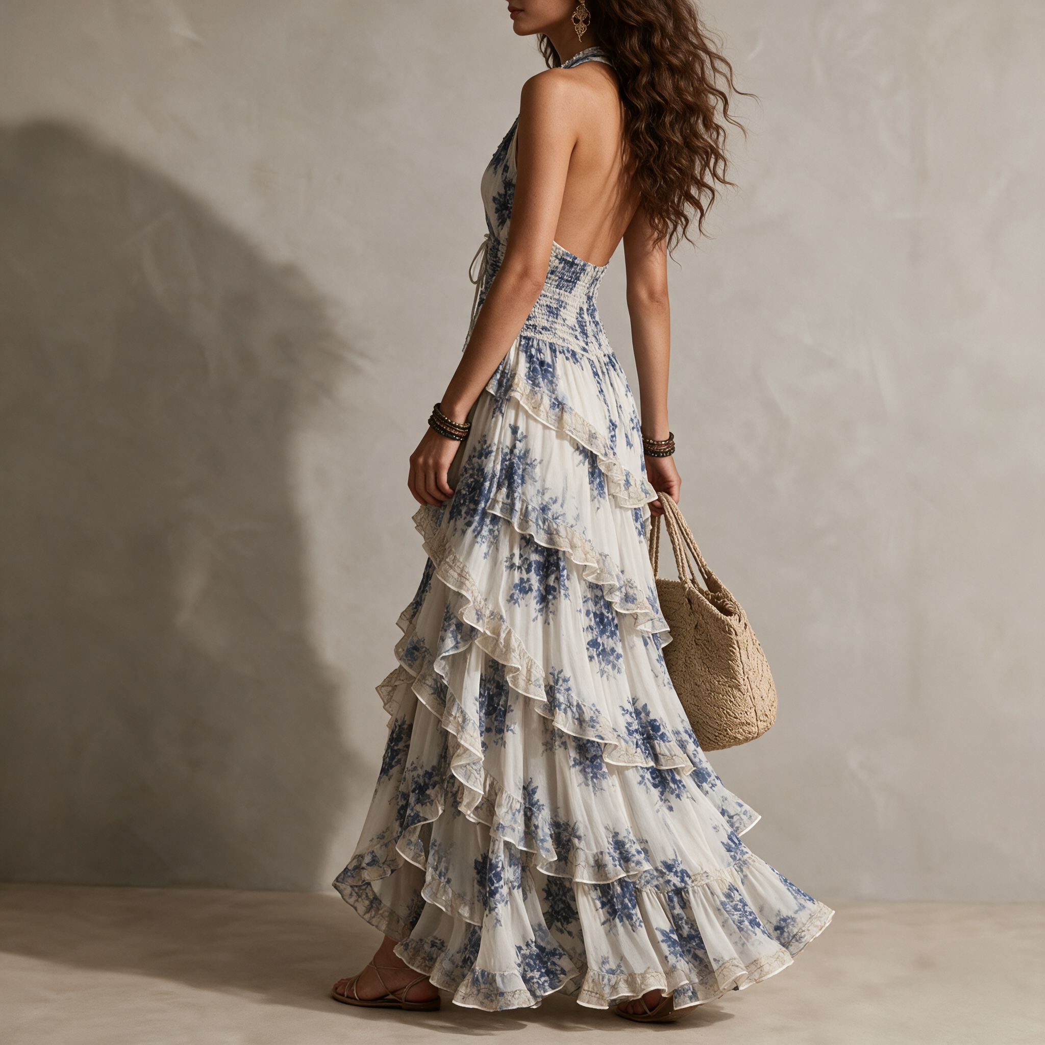 Arabella | Blue Floral Ruffle Halter Maxi Dress