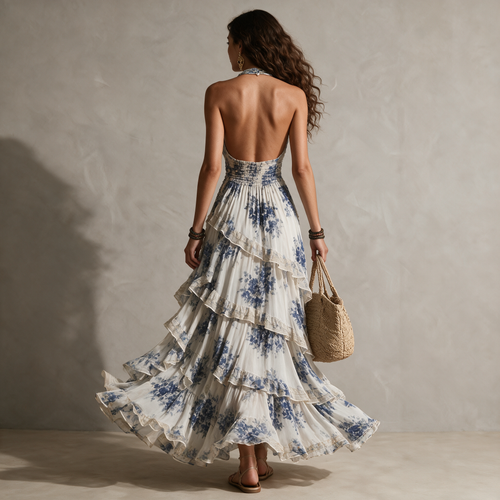 Arabella | Blue Floral Ruffle Halter Maxi Dress